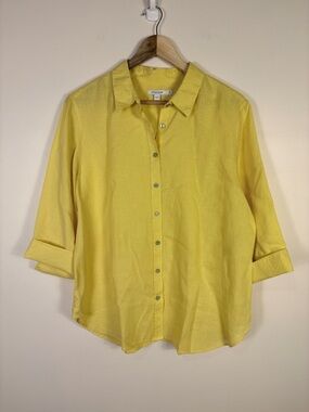 Chico's 100% Linen Yellow Button-Down Shirt No Iron 3/4 Sleeve Coastal Beach